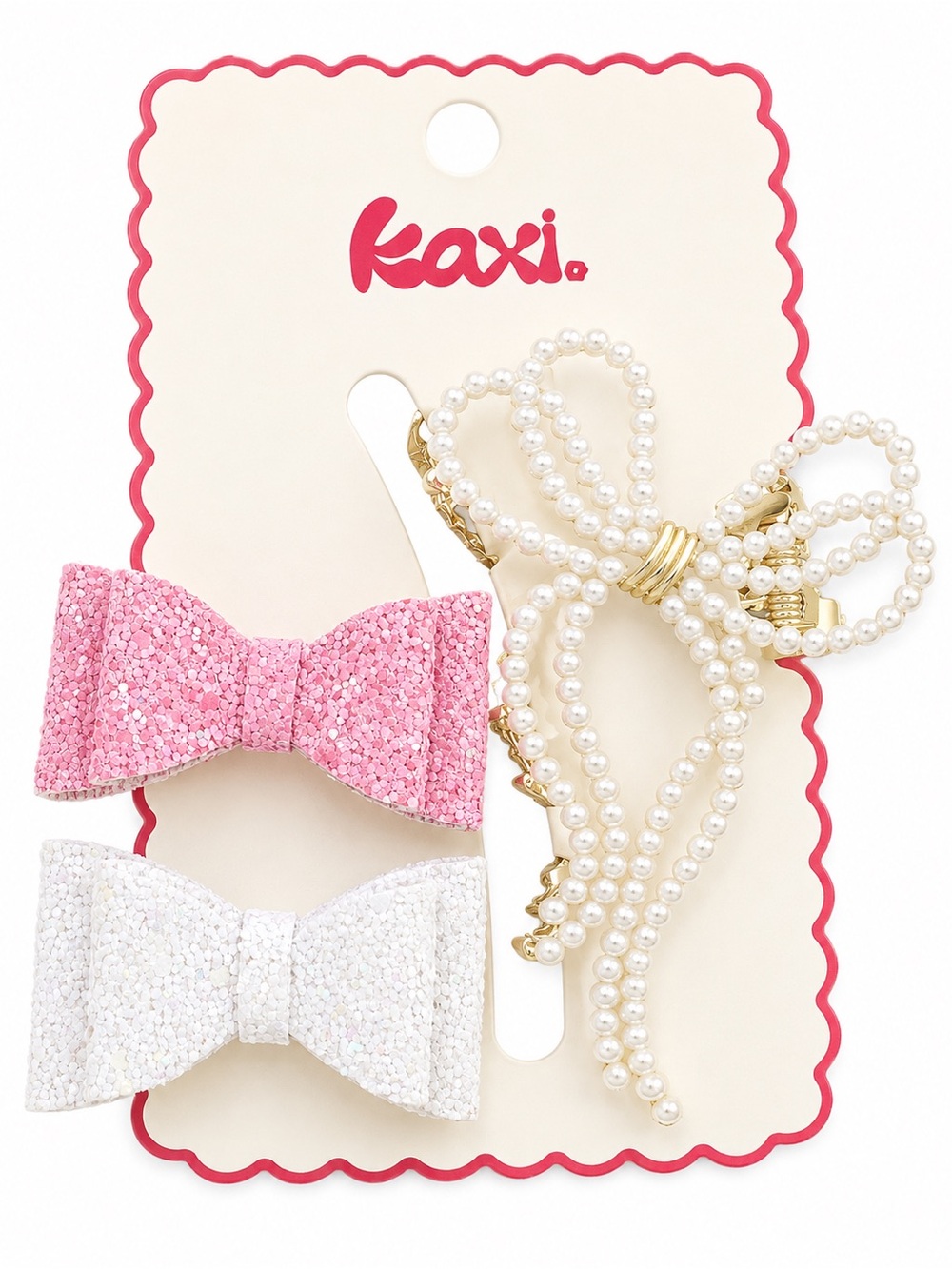 Pink & White Glitter Bow Clip Set with Pearl Bow